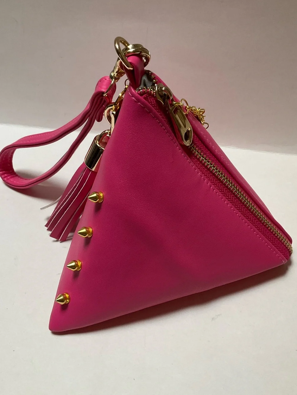 Synthetic leather triangle Hot Pink Wristlet Clutch Gold Spike Summerween Charms